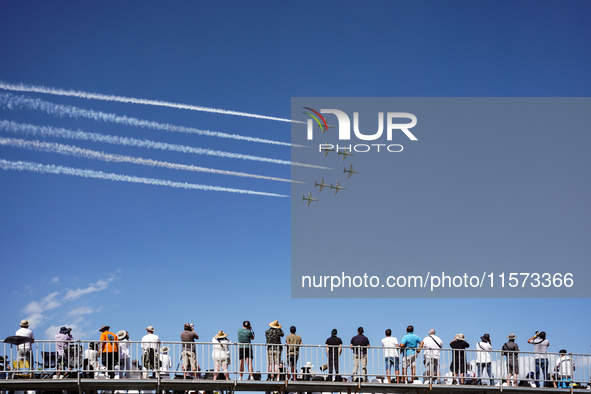 Royal Saudi Air Force aircraft fly in formation during a demonstration at the Athens Flying Show in Tanagra, Greece, on September 14, 2024. 