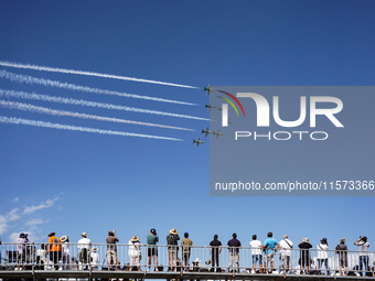 Royal Saudi Air Force aircraft fly in formation during a demonstration at the Athens Flying Show in Tanagra, Greece, on September 14, 2024....