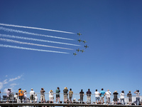 Royal Saudi Air Force aircraft fly in formation during a demonstration at the Athens Flying Show in Tanagra, Greece, on September 14, 2024....