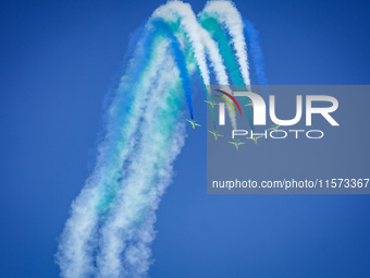 Royal Saudi Air Force aircraft fly in formation during a demonstration at the Athens Flying Show in Tanagra, Greece, on September 14, 2024....