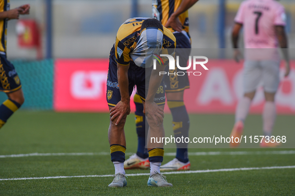 Nicola Mosti of SS Juve Stabia looks dejected during the Serie B match between SS Juve Stabia and Palermo FC at Stadio Romeo Menti Castellam...