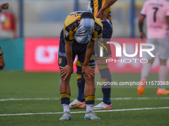 Nicola Mosti of SS Juve Stabia looks dejected during the Serie B match between SS Juve Stabia and Palermo FC at Stadio Romeo Menti Castellam...