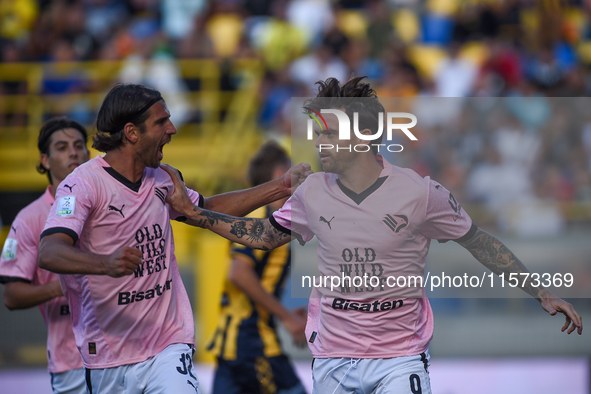 Matteo Brunori of Palermo FC celebrates after scoring third goal during the Serie B match between SS Juve Stabia and Palermo FC at Stadio Ro...