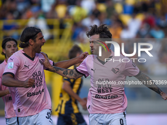 Matteo Brunori of Palermo FC celebrates after scoring third goal during the Serie B match between SS Juve Stabia and Palermo FC at Stadio Ro...