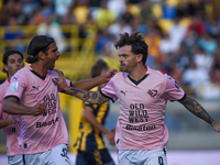 Matteo Brunori of Palermo FC celebrates after scoring third goal during the Serie B match between SS Juve Stabia and Palermo FC at Stadio Ro...