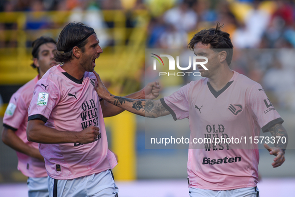 Matteo Brunori of Palermo FC celebrates after scoring third goal during the Serie B match between SS Juve Stabia and Palermo FC at Stadio Ro...