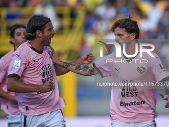 Matteo Brunori of Palermo FC celebrates after scoring third goal during the Serie B match between SS Juve Stabia and Palermo FC at Stadio Ro...