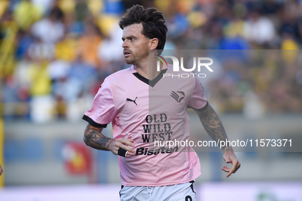 Matteo Brunori of Palermo FC celebrates after scoring third goal during the Serie B match between SS Juve Stabia and Palermo FC at Stadio Ro...