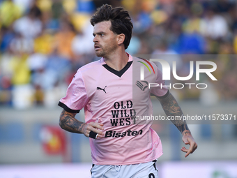 Matteo Brunori of Palermo FC celebrates after scoring third goal during the Serie B match between SS Juve Stabia and Palermo FC at Stadio Ro...