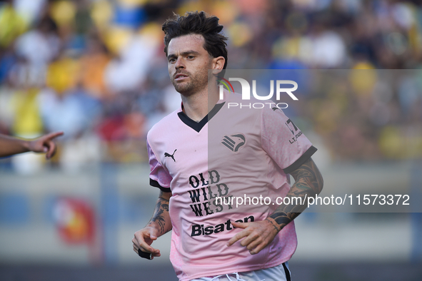 Matteo Brunori of Palermo FC celebrates after scoring third goal during the Serie B match between SS Juve Stabia and Palermo FC at Stadio Ro...