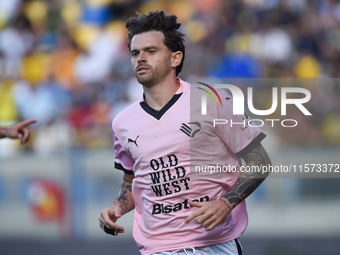 Matteo Brunori of Palermo FC celebrates after scoring third goal during the Serie B match between SS Juve Stabia and Palermo FC at Stadio Ro...