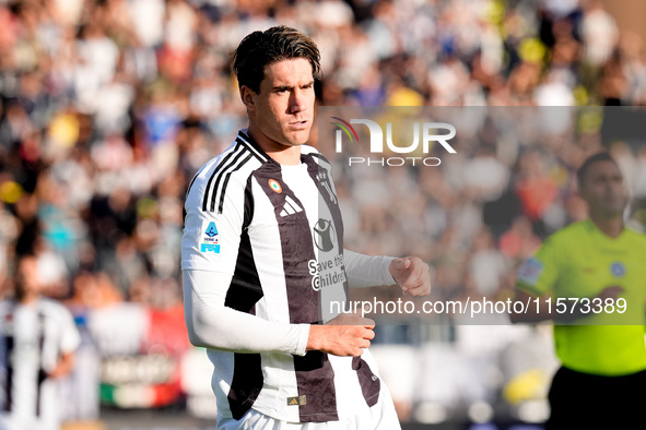 Dusan Vlahovic of Juventus FC looks on during the Serie A Enilive match between Empoli FC and Juventus FC at Stadio Carlo Castellani on Sept...