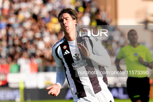 Dusan Vlahovic of Juventus FC looks dejected during the Serie A Enilive match between Empoli FC and Juventus FC at Stadio Carlo Castellani o...