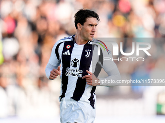 Dusan Vlahovic of Juventus FC looks on during the Serie A Enilive match between Empoli FC and Juventus FC at Stadio Carlo Castellani on Sept...