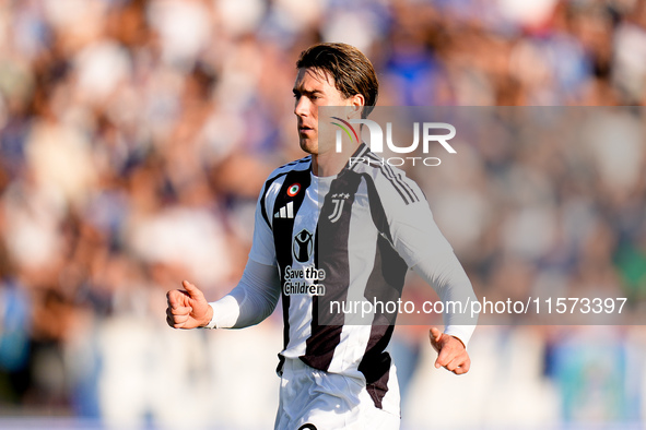 Dusan Vlahovic of Juventus FC looks on during the Serie A Enilive match between Empoli FC and Juventus FC at Stadio Carlo Castellani on Sept...