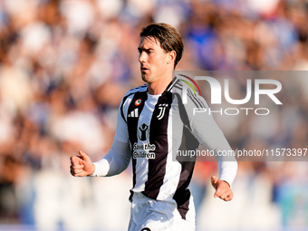 Dusan Vlahovic of Juventus FC looks on during the Serie A Enilive match between Empoli FC and Juventus FC at Stadio Carlo Castellani on Sept...