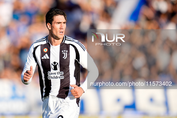 Dusan Vlahovic of Juventus FC looks on during the Serie A Enilive match between Empoli FC and Juventus FC at Stadio Carlo Castellani on Sept...