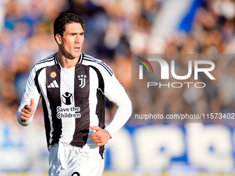 Dusan Vlahovic of Juventus FC looks on during the Serie A Enilive match between Empoli FC and Juventus FC at Stadio Carlo Castellani on Sept...