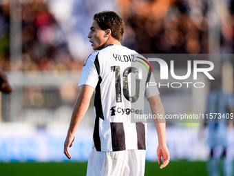 Kenan Yıldız of Juventus FC looks on during the Serie A Enilive match between Empoli FC and Juventus FC at Stadio Carlo Castellani on Septem...