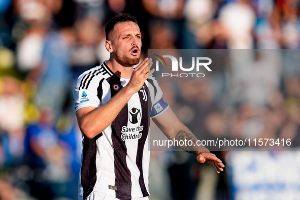 Federico Gatti of Juventus FC reacts during the Serie A Enilive match between Empoli FC and Juventus FC at Stadio Carlo Castellani on Septem...