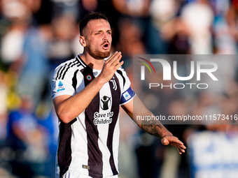 Federico Gatti of Juventus FC reacts during the Serie A Enilive match between Empoli FC and Juventus FC at Stadio Carlo Castellani on Septem...