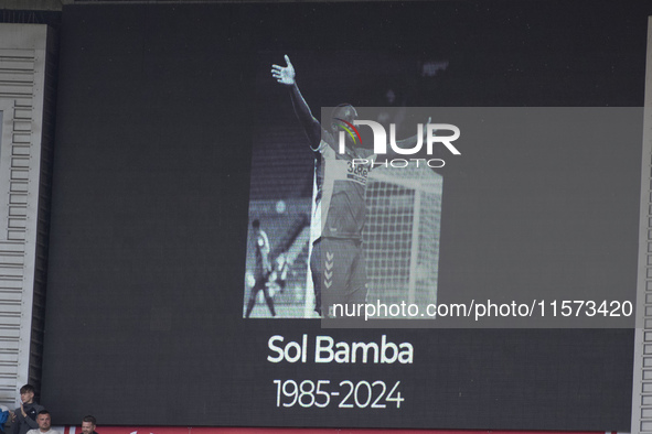 A tribute to Sol Bemba appears on the scoreboard during the Sky Bet Championship match between Middlesbrough and Preston North End at the Ri...