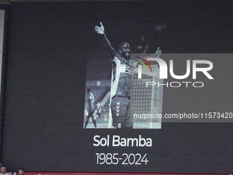 A tribute to Sol Bemba appears on the scoreboard during the Sky Bet Championship match between Middlesbrough and Preston North End at the Ri...