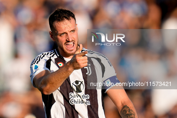 Federico Gatti of Juventus FC reacts during the Serie A Enilive match between Empoli FC and Juventus FC at Stadio Carlo Castellani on Septem...