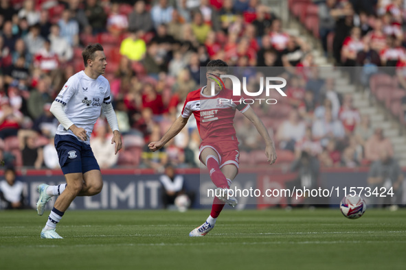 Middlesbrough's Hayden Hackney passes the ball forward during the Sky Bet Championship match between Middlesbrough and Preston North End at...