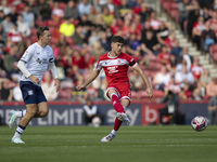 Middlesbrough's Hayden Hackney passes the ball forward during the Sky Bet Championship match between Middlesbrough and Preston North End at...