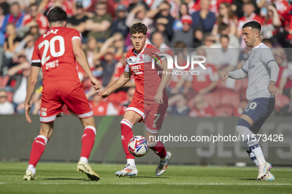 Middlesbrough's Hayden Hackney looks to pass the ball forward during the Sky Bet Championship match between Middlesbrough and Preston North...