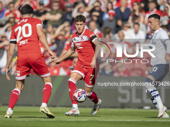 Middlesbrough's Hayden Hackney looks to pass the ball forward during the Sky Bet Championship match between Middlesbrough and Preston North...