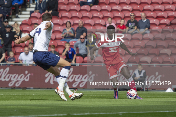 Middlesbrough's Emmanuel Latte Lath drives forward during the Sky Bet Championship match between Middlesbrough and Preston North End at the...