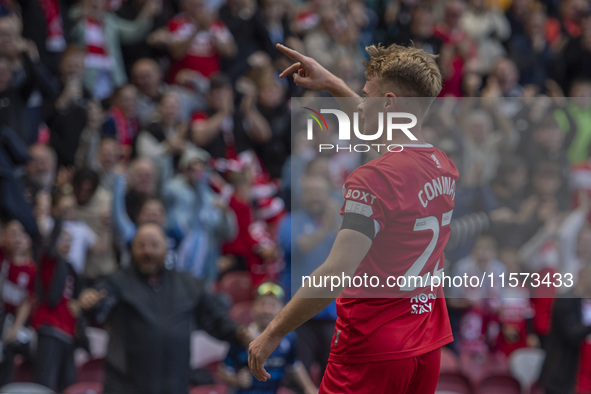 Tommy Conway celebrates after scoring during the Sky Bet Championship match between Middlesbrough and Preston North End at the Riverside Sta...