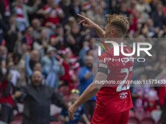 Tommy Conway celebrates after scoring during the Sky Bet Championship match between Middlesbrough and Preston North End at the Riverside Sta...