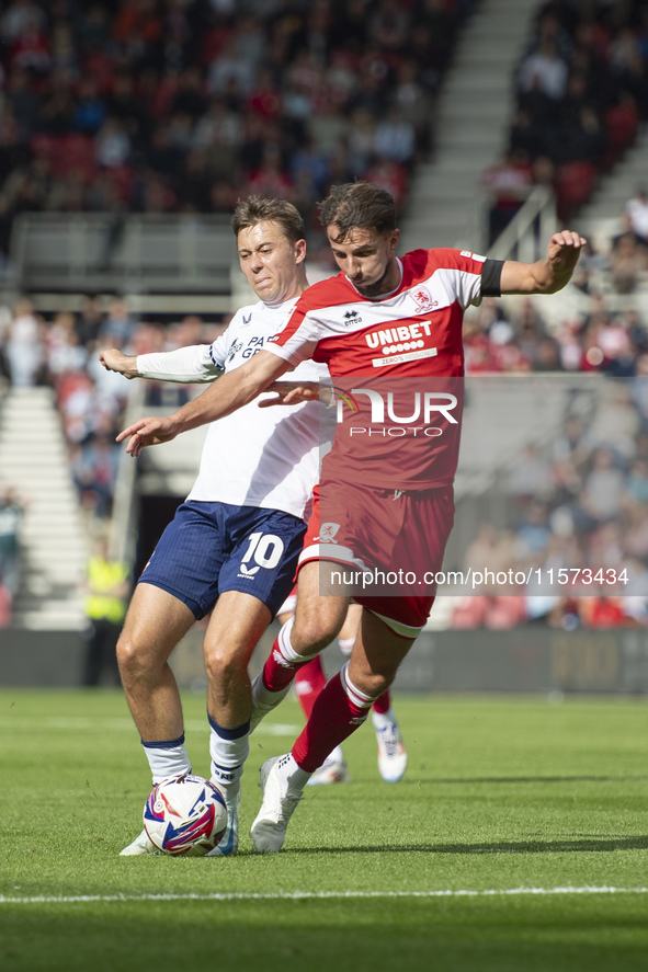 Middlesbrough's Dan Barlaser goes down under a heavy challenge from Preston North End's Mads Frokjaer-Jensen during the Sky Bet Championship...