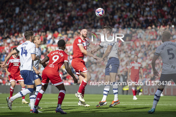 Matthew Clarke heads towards the goal during the Sky Bet Championship match between Middlesbrough and Preston North End at the Riverside Sta...