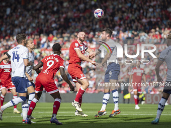 Matthew Clarke heads towards the goal during the Sky Bet Championship match between Middlesbrough and Preston North End at the Riverside Sta...