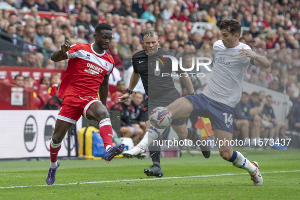 Middlesbrough's Emmanuel Latte Lath takes on Preston North End's Jordan Storey during the Sky Bet Championship match between Middlesbrough a...