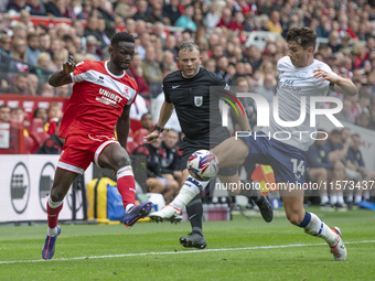 Middlesbrough's Emmanuel Latte Lath takes on Preston North End's Jordan Storey during the Sky Bet Championship match between Middlesbrough a...