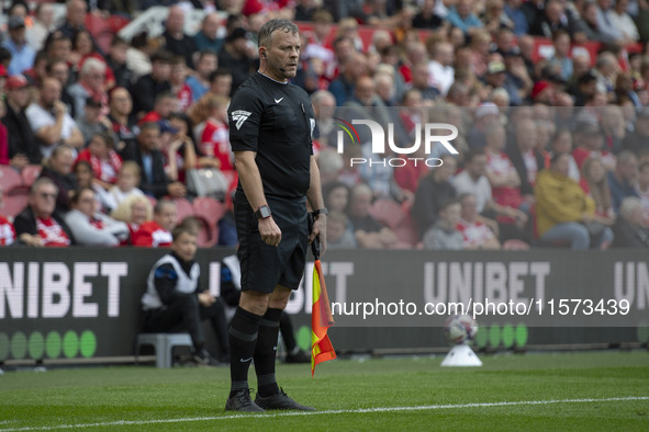 Assistant Referee Richard Wild celebrates his 300th game at the Sky Bet Championship match between Middlesbrough and Preston North End at th...