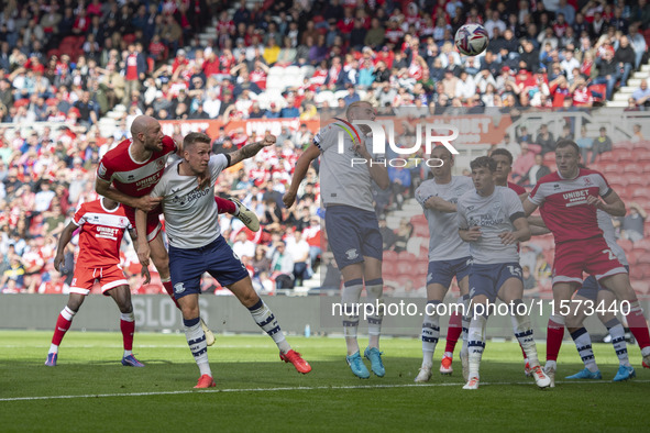 Matthew Clarke of Middlesbrough heads on goal during the Sky Bet Championship match between Middlesbrough and Preston North End at the River...