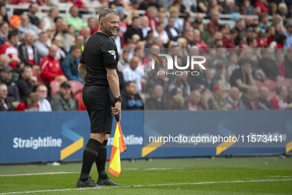 Assistant Referee Richard Wild celebrates his 300th game at the Sky Bet Championship match between Middlesbrough and Preston North End at th...