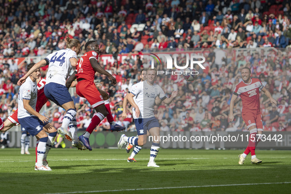 Emmanuel Latte Lath heads on goal during the Sky Bet Championship match between Middlesbrough and Preston North End at the Riverside Stadium...