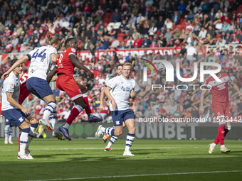 Emmanuel Latte Lath heads on goal during the Sky Bet Championship match between Middlesbrough and Preston North End at the Riverside Stadium...