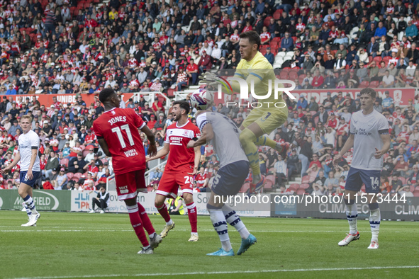 Preston North End goalkeeper Freddie Woodman drops the ball under pressure during the Sky Bet Championship match between Middlesbrough and P...