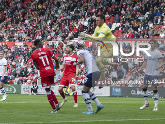 Preston North End goalkeeper Freddie Woodman drops the ball under pressure during the Sky Bet Championship match between Middlesbrough and P...