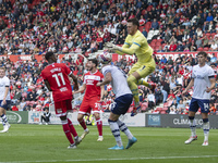 Preston North End goalkeeper Freddie Woodman drops the ball under pressure during the Sky Bet Championship match between Middlesbrough and P...