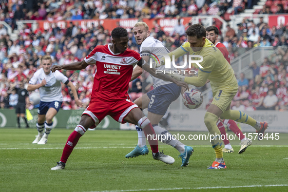 Preston North End goalkeeper Freddie Woodman drops the ball under pressure during the Sky Bet Championship match between Middlesbrough and P...