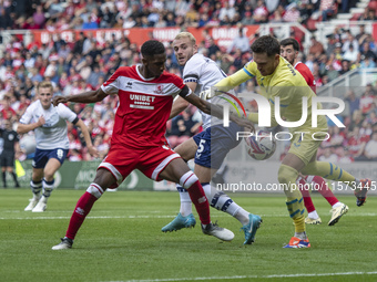 Preston North End goalkeeper Freddie Woodman drops the ball under pressure during the Sky Bet Championship match between Middlesbrough and P...